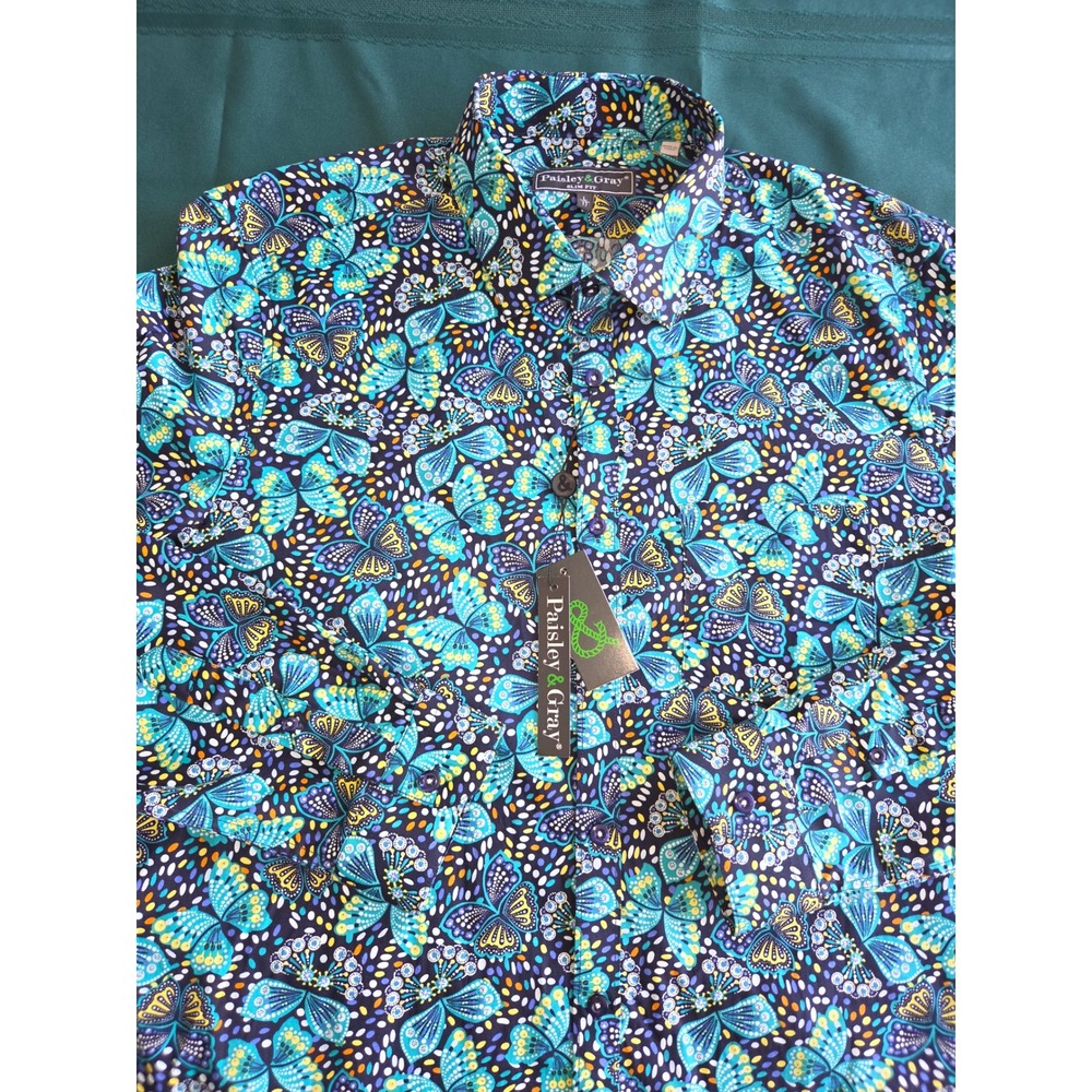 Paisley & Gray Mens Slim Fit Butterfly Print Button Down Shirt Blue Large NEW